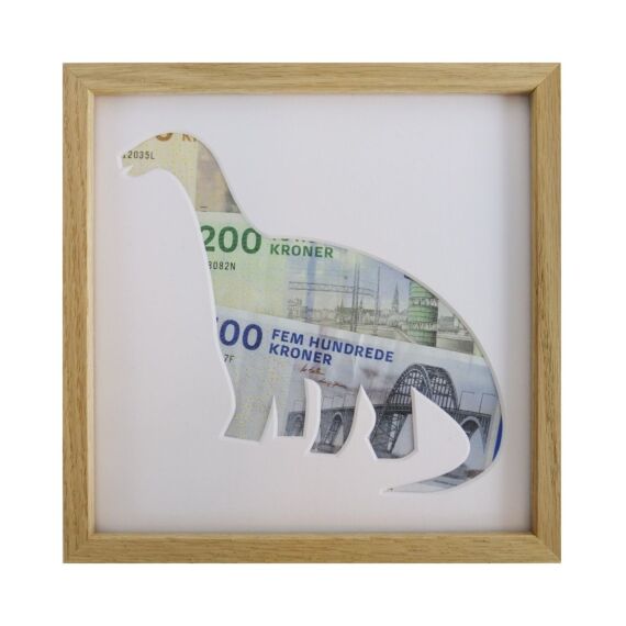 kreativ pengegave med indrammet dinosaurus